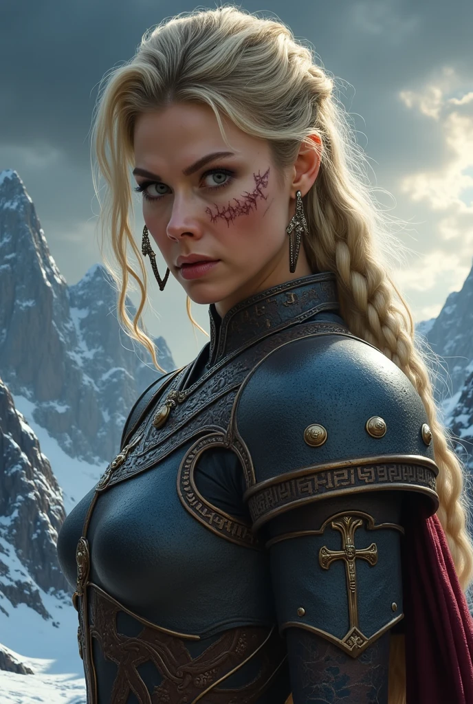 (work of art, hyper-realistic), "powerful viking warrior woman", intricate details, highest quality