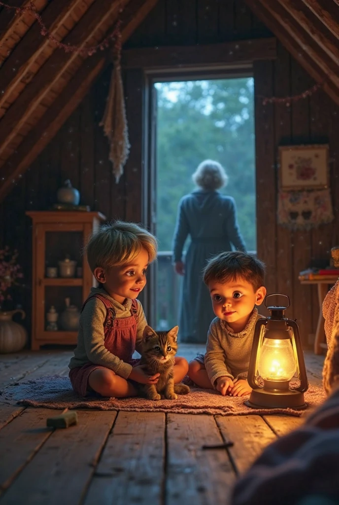 (anime, digital paint, children entering the gingerbread house, warm and inviting interior, large candy-covered table, cozy fireplace with flickering flames, detailed candy and food all around, the children looking around in awe, homely and deceptive atmosphere)
