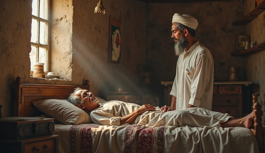 wise and rich elderly sick man lies in bed, there is an adult son nearby, Muslims