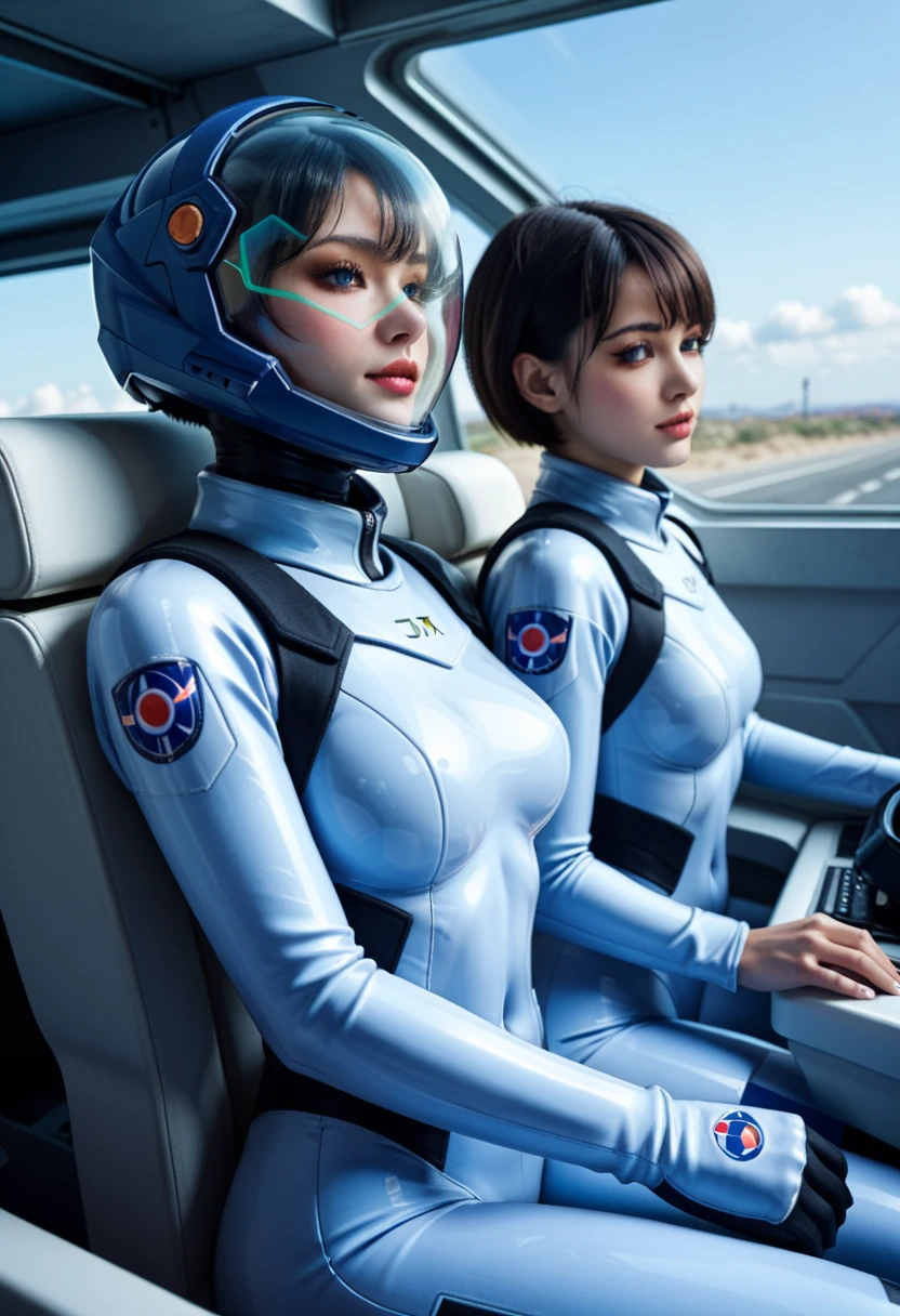 ```
Futuristic spaceship interior, searching for alien life in the galaxy.
Expansive high-tech cockpit with five advanced pilot seats.
Five beautiful female cyborgs, one seated at each station:
- Clearly visible cybernetic features: metallic skin, glowing eyes
- Diverse appearances, all attractive with subtle robotic elements
- Wearing sleek, form-fitting uniforms
Two cyborgs actively piloting the ship, hands on holographic controls.
Three cyborgs operating and monitoring complex instrumen