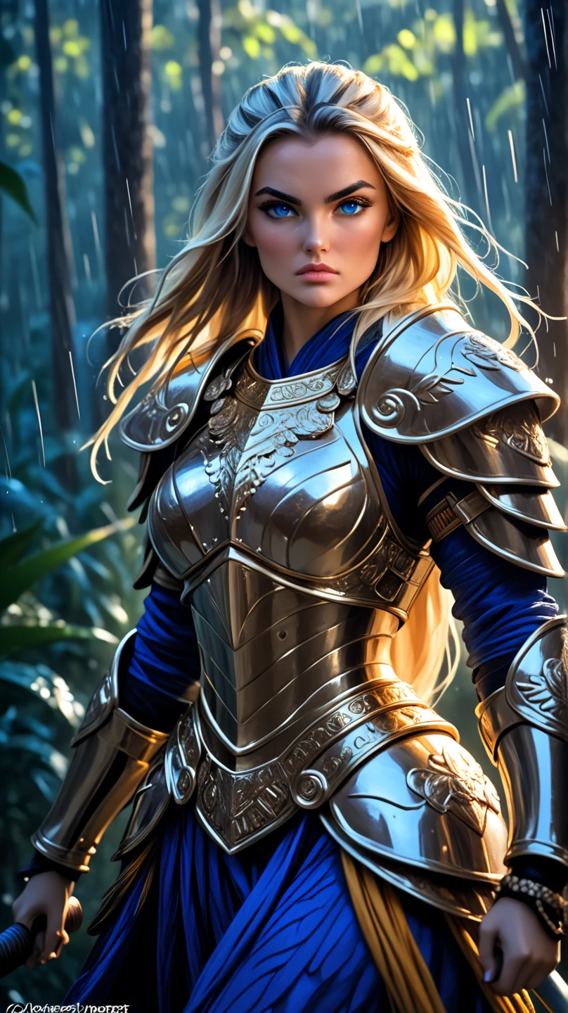 A young warrior woman of tall, imposing stature, wearing shining bronze armor that highlights her strong, feminine muscles. Her face is of rare beauty, with elegant features and an expression of determination and strength.
Her skin is pale and lightly tanned.
Her ultramarine blue eyes shine with fierce intensity, while her long blonde hair is pulled back to reveal her strong, angular face. Her armor is intricately decorated with battle and victory motifs.
The light falls on her armor, highlighting the details and creating an effect of brilliance and power. The image conveys a sense of strength, agility and dexterity, as if this warrior woman were capable of conquering any challenge that came her way.This warrior woman, agile and dexterous, rides an elephant with large tusks, wearing bronze armor, surrounded by a dark, rainy tropical forest 
Duotone colors 
Hyper-realistic digital art, ultra wide view, rendered ambience, smooth diffused light, Backlighting