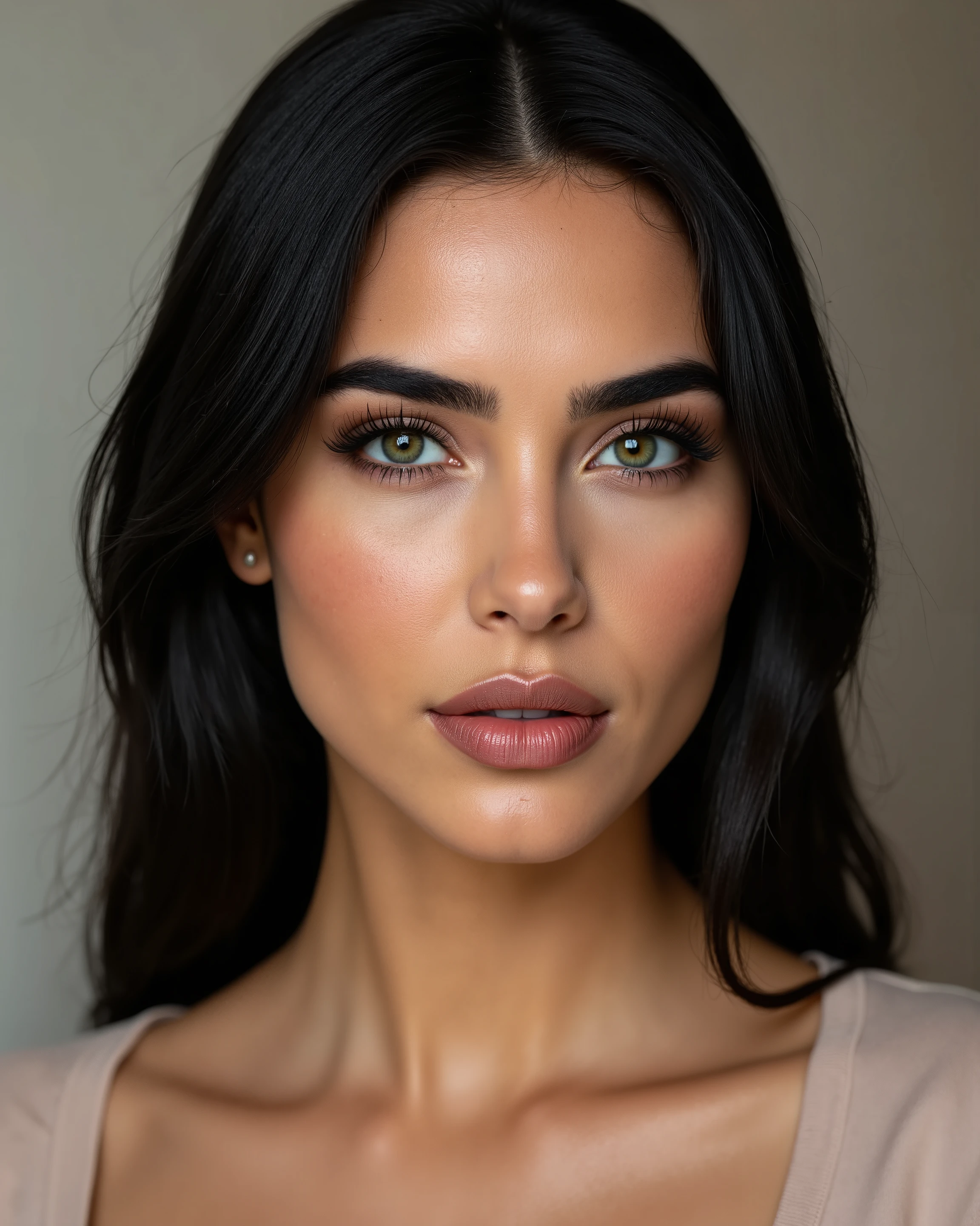 A 30-year-old Latin woman with light, slightly tanned skin. Her face is square-shaped, with a well-defined jaw and soft cheeks. Her eyebrows are thick and well-shaped, with a natural curve that accentuates her greenish eyes. Her eyelashes are long and voluminous. Her lips are full, with a well-defined, subtle shape. Her nose is wide and proportional, with a soft bridge and well-defined nostrils. Her face has a fresh, makeup-free look, with flawless, smooth skin. Her hair is long, black, and straight, reaching down to her waist, with a shiny, healthy texture. She is 1.70m tall, with a confident posture and a well-defined body. Her waist is thin and contrasted by her full hips. Her stomach is toned and smooth, with subtle abdominal muscles. Her breasts are large and firm, natural-looking, harmonizing with her body. Her arms are slender, toned, and smooth. Her hands are delicate, with long fingers and well-kept nails painted white. Her butt is large, rounded, and proportional, with defined curves. Her thighs are thick and toned, with visible muscle definition and smooth skin. Her legs are long and well-defined, with flawless skin. Her feet are perfectly shaped, with slender toes, painted white nails, and smooth skin.