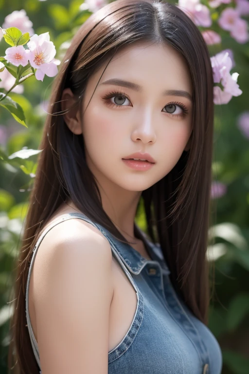 ((highest quality, 8K, masterpiece: 1.3)), sharp focus: 1.2, beautiful woman with perfect style: 1.4, thin abs: 1.2, ((dark brown hair, big: 1.2)), (pink good: 1.3)), street: 1.2, Highly detailed face and skin texture, fine eyes, double eyelid (pink bougainvillea chaos in the background: 1.4)