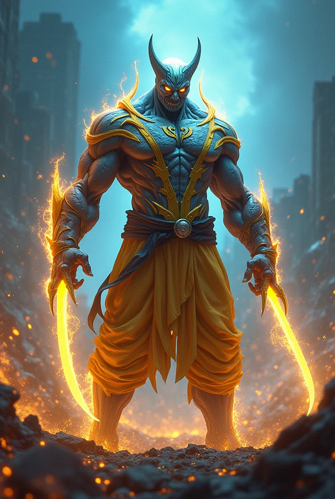 1man, shirtless, martial arts, yellow mask, mouth, white eye patterns with black outline, muscular, green costume, yellow belt and boots, burning fists, black dragon tatto shapes into a circle, dragon aura, mystical