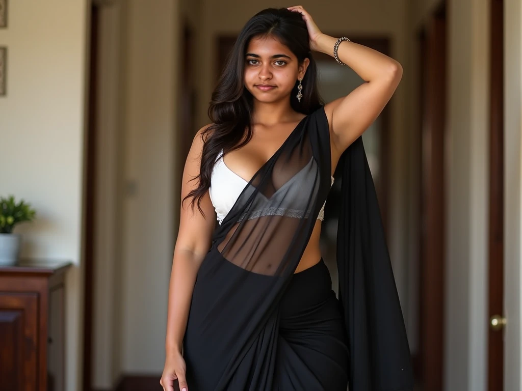 cute 18 year old Indian girl, with braided hairs, slutty pose,slutty dress,(Seductive black satin),(thigh-high slit),(confident stance), (Original), naked, big boobs, perfect skin, perfect face, hairy , sexy.