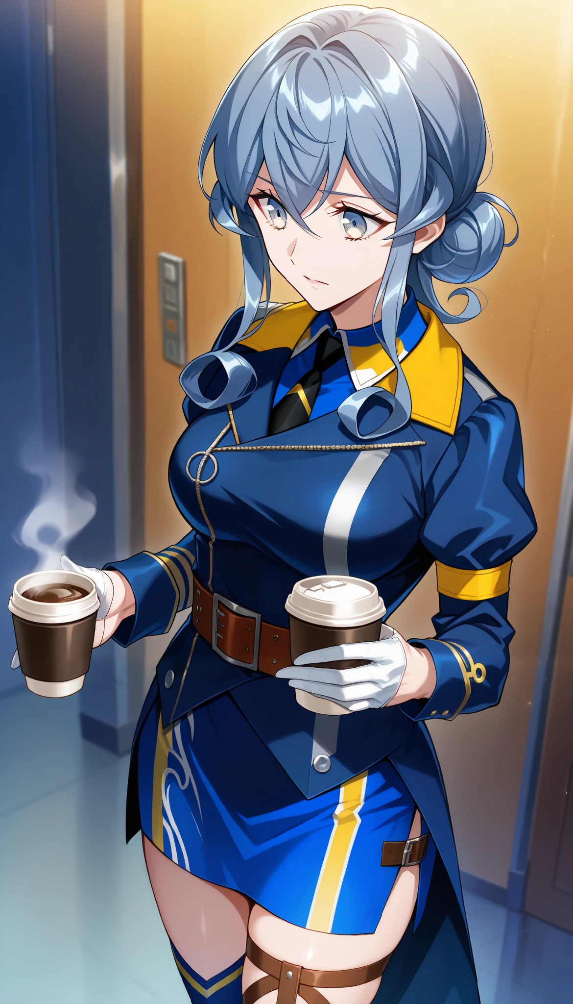 score_9, score_8_up, score_7_up, source_anime, Game CG Gotland Andorra KC, 1 girl, Alone, Long Sleeve, jacket, collar shirt, belt, white gloves, hair bun, blue skirt, uniform, thigh strap, single hair bun, blue shirt, blue sailor collar, black tie , blue thigh high socks, half gloves,holding coffee cup,