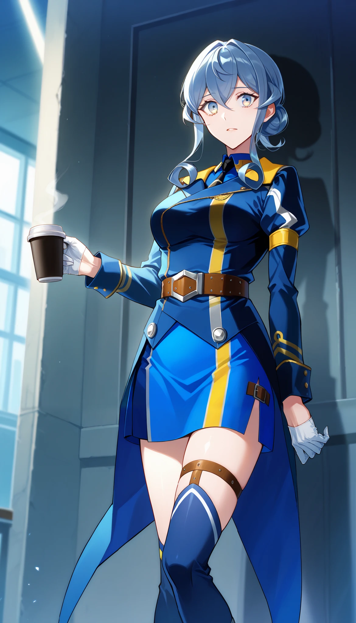 score_9, score_8_up, score_7_up, source_anime, Game CG Gotland Andorra KC, 1 girl, Alone, Long Sleeve, jacket, collar shirt, belt, white gloves, hair bun, blue skirt, uniform, thigh strap, single hair bun, blue shirt, blue sailor collar, black tie , blue thigh high socks, half gloves,holding coffee cup,