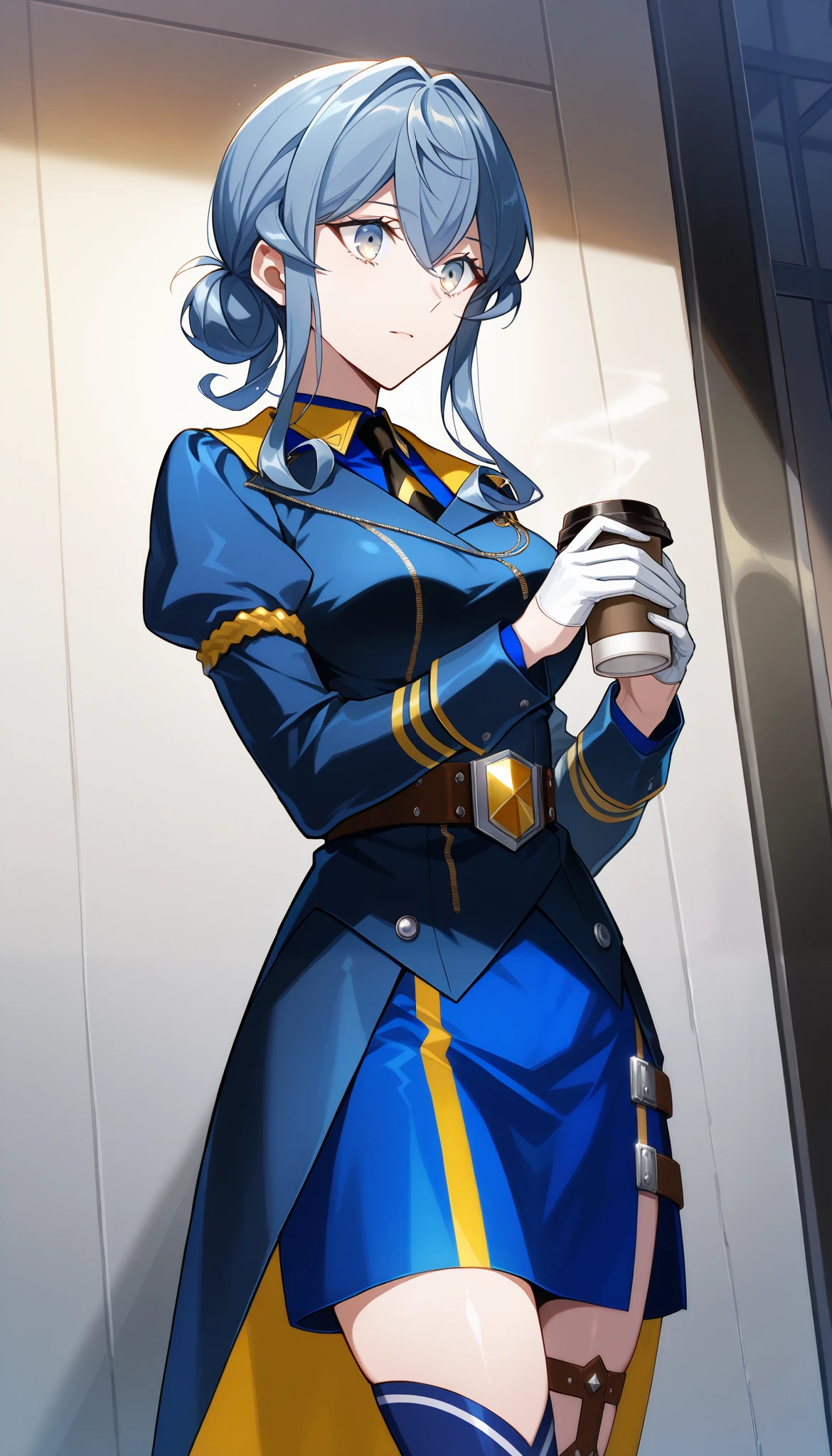 score_9, score_8_up, score_7_up, source_anime, Game CG Gotland Andorra KC, 1 girl, Alone, Long Sleeve, jacket, collar shirt, belt, white gloves, hair bun, blue skirt, uniform, thigh strap, single hair bun, blue shirt, blue sailor collar, black tie , blue thigh high socks, half gloves,holding coffee cup,
