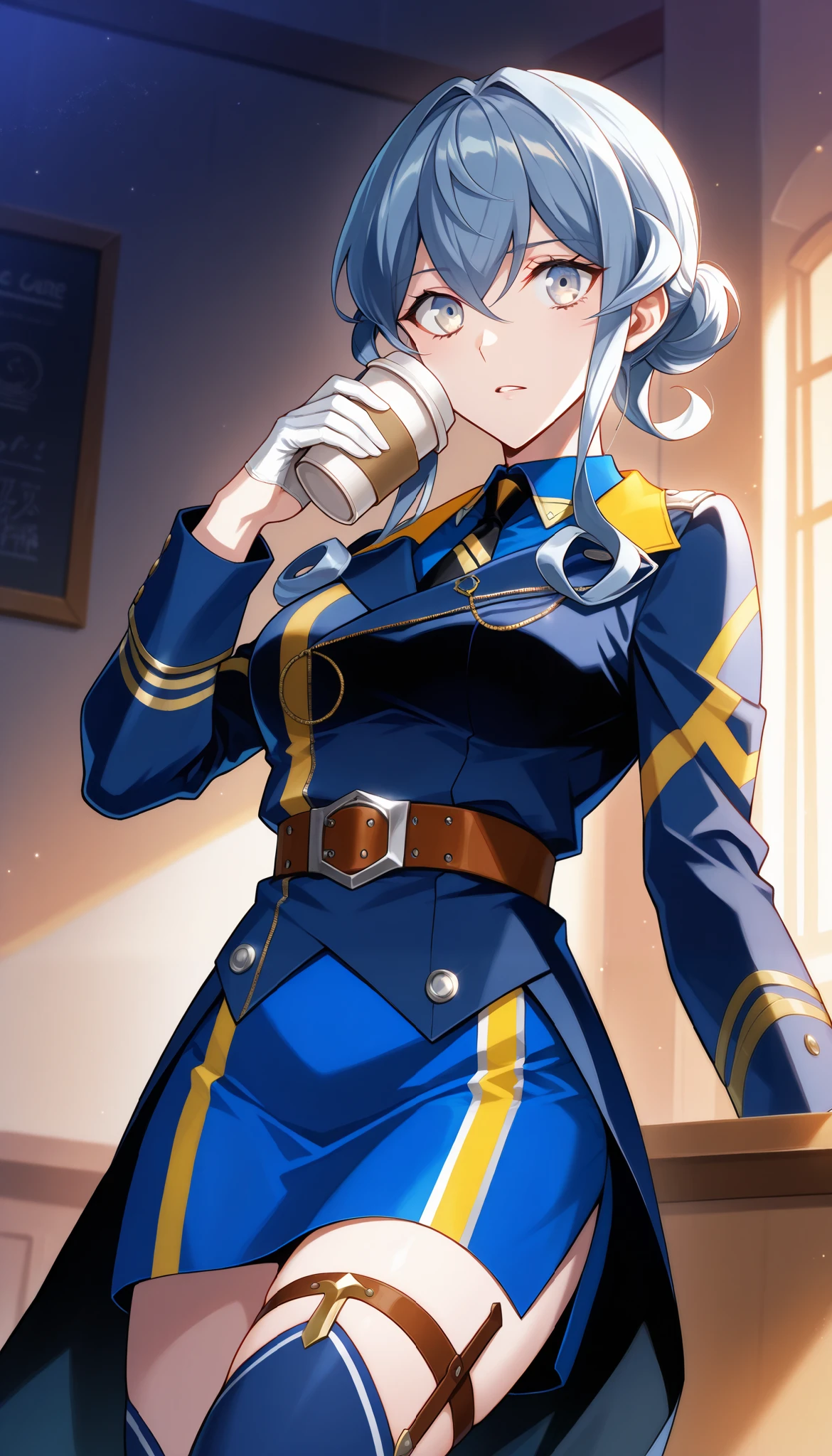  score_9,  score_8_up,  score_7_up,  source_anime, Game CG Gotland Andorra KC, 1 girl, Alone, Long Sleeve,  jacket,  collar shirt, belt, white gloves, hair bun,  blue skirt, uniform, thigh strap, single hair bun, blue shirt,  blue sailor collar,  black tie , blue thigh high socks,   half gloves,holding coffee cup,   