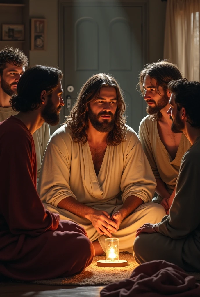 Selfie of beautiful Jesus smiling with his apostles at the last supper taking a selfie?