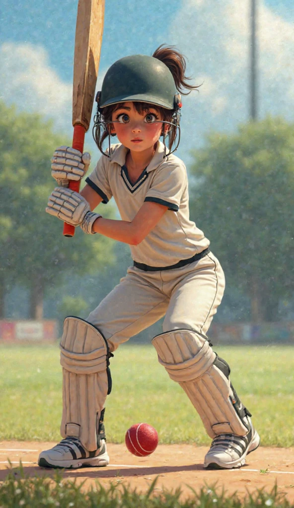 A boy playing cricket with log hair hitting a huge six look very realistic 