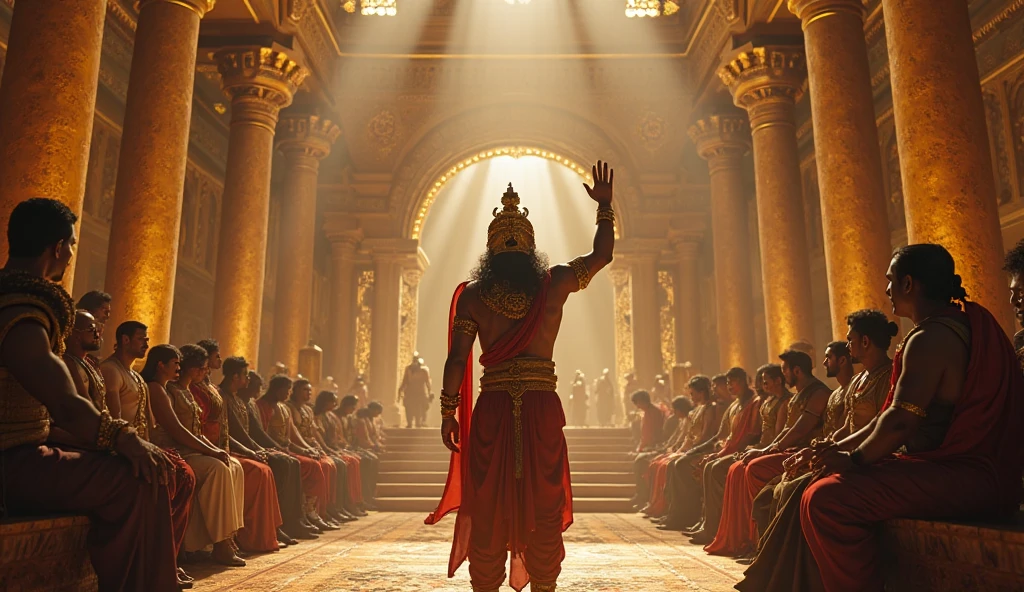 Generate a high quality interior of an indian palace with big windows without mirror and curtain closing, the indian palace king having bodybuilder physic and long hairs scolding and ordering his all male servents standing with anger standing in front of them giving order, the king is pointing finger toward his servents,ambience is classic with golden curtins and golden flower pots
