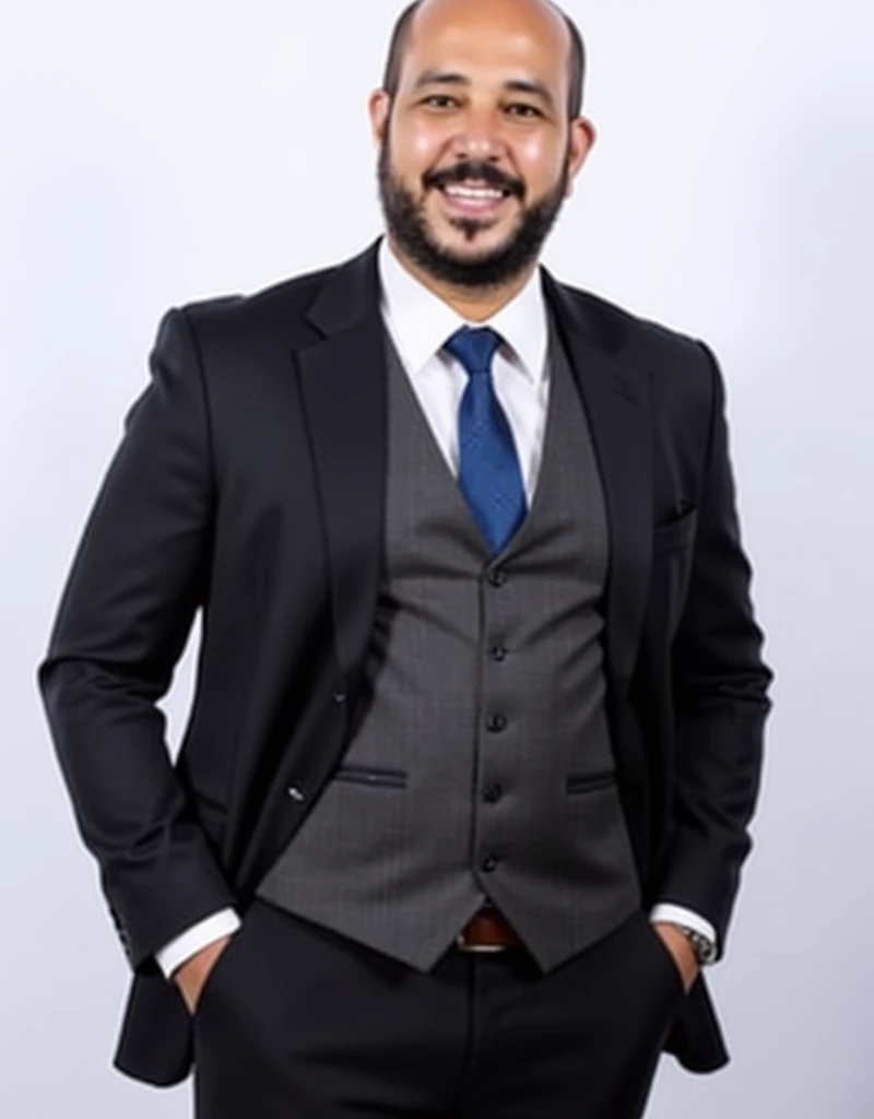 Photograph of a bald man, smiling. He is wearing a three-piece suit. The suit is closed. The suit and pants are black, the vest is dark gray, the shirt is white, the tie is blue and the belt is made of dark brown leather. white background. UHD, photorealistic, 16K, real person, Cinematic, Hyper-detailed, insane details, Beautifully color graded, Cinematic Lightning, Insanely detailed and intricate, Hyper maximalist, Volumetric, Full color, HDR, shallow depth of field, high budget Hollywood film, cinemascope, moody, epic, gorgeous,