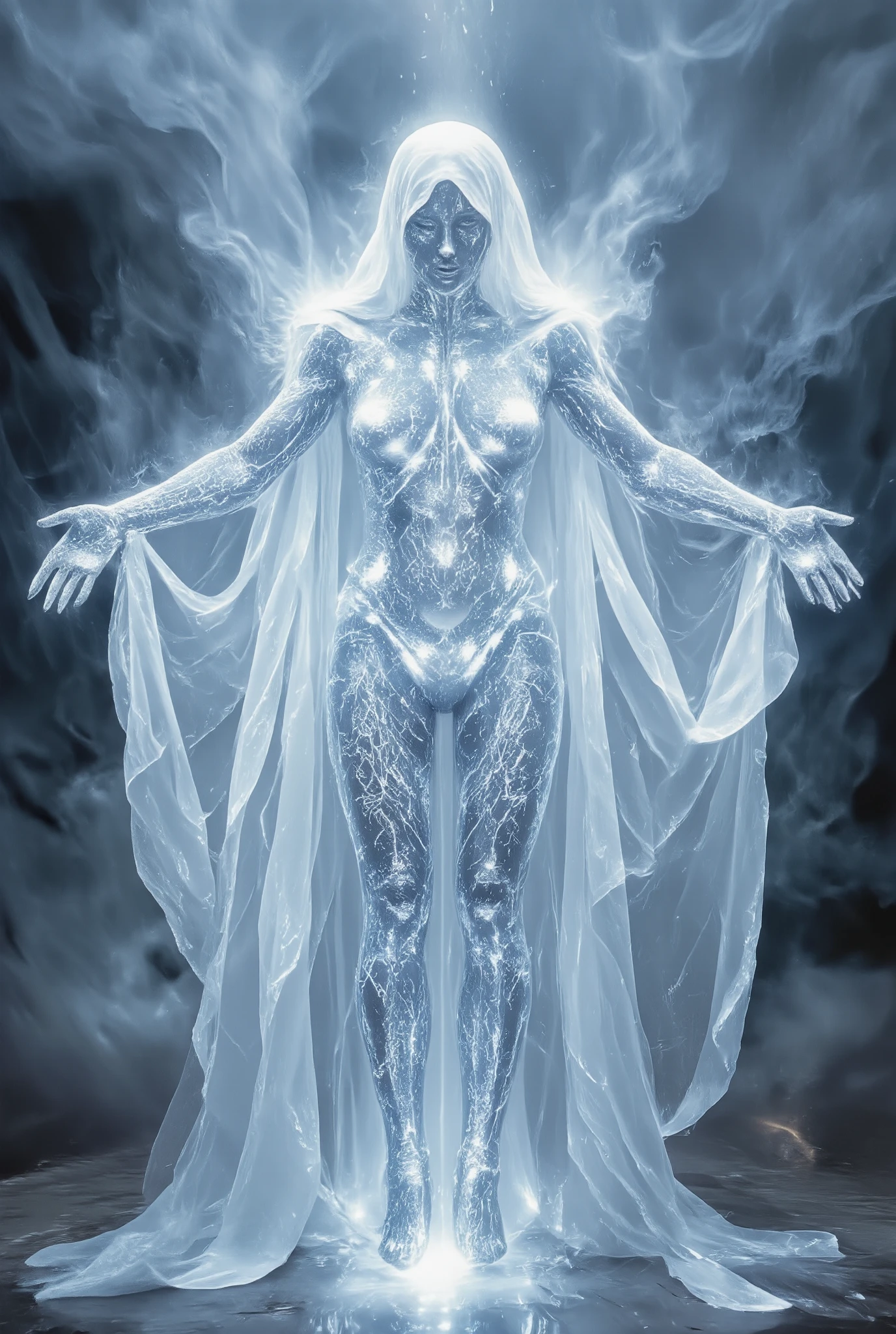 Humanoid wpman made of faceless crystals, Her body is translucent and filled with mist inside with rune symbols all over his body with open arms, with a white hooded cape with light fabrics that spread to the floor in silver details, dc comics art image with the entire body outlined
