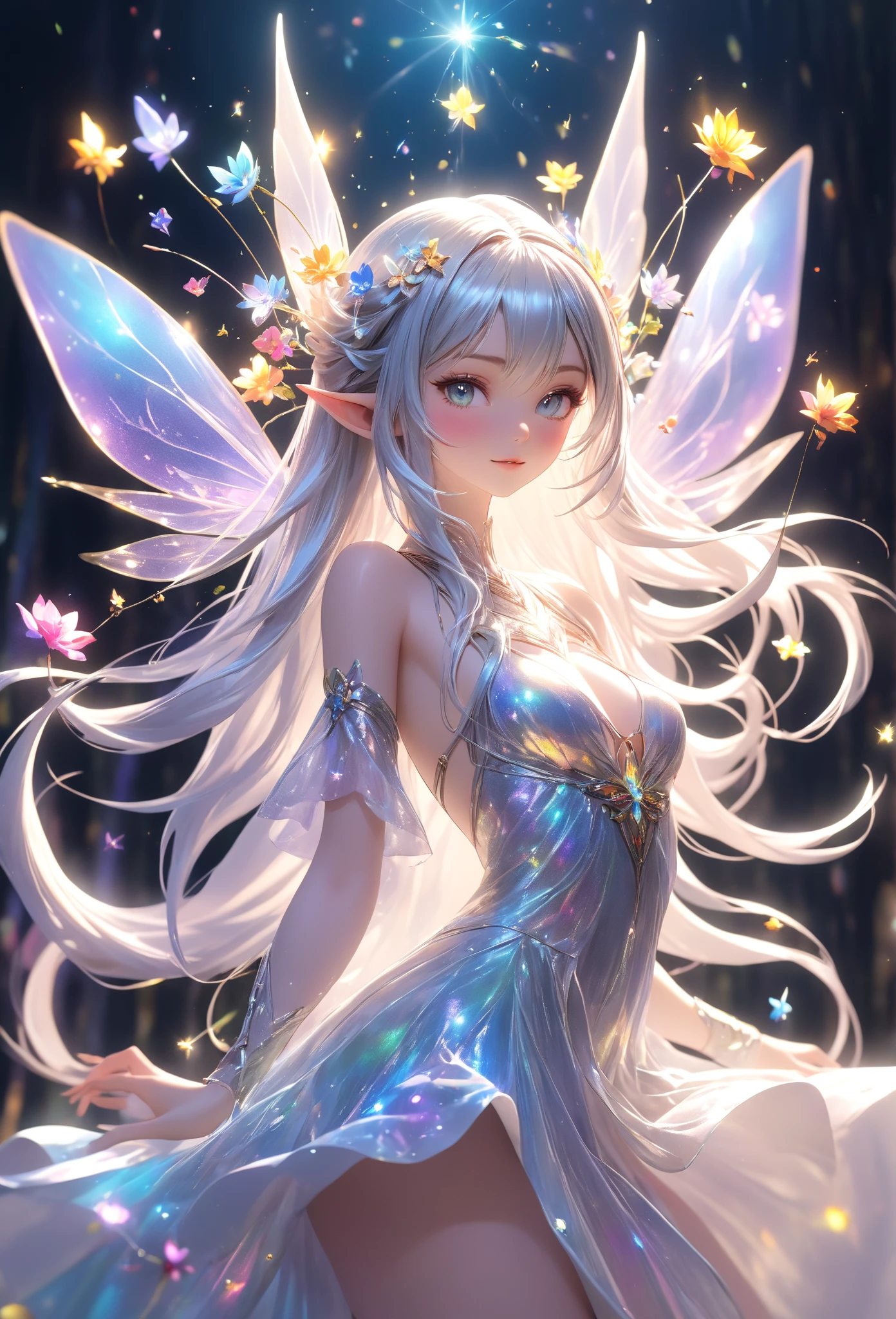 High quality, high resolution, fractal art, white hair and blue eyes, beautiful girl with long hair and white tiger, fairy wings on her back, white dress with delicate embroidery, fantasy art, fantastic flower field, soap bubbles, Korean glitter eye makeup, very delicate makeup, glitter, small breasts
