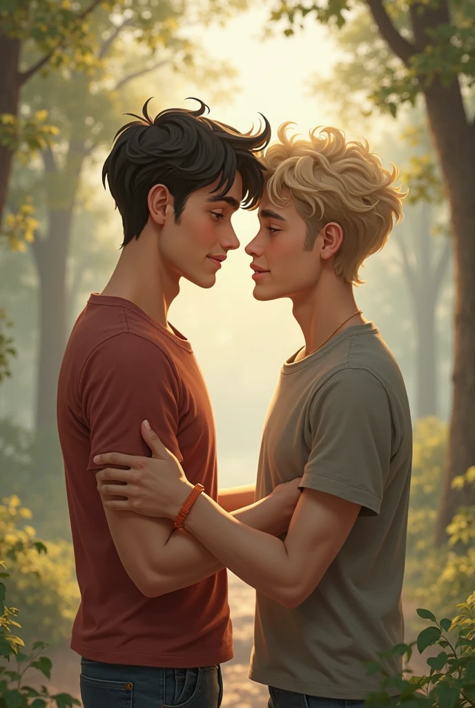 A perfect gay couple of lovers, 2boys, first man dark brown short hair and second man blond hair, dark brown eyes, sitting on the ground, romance fantasy movie, flowers, in the hillside
film grain, photorealsitic, soft light, exposure blend, medium shot, realistic illustration,