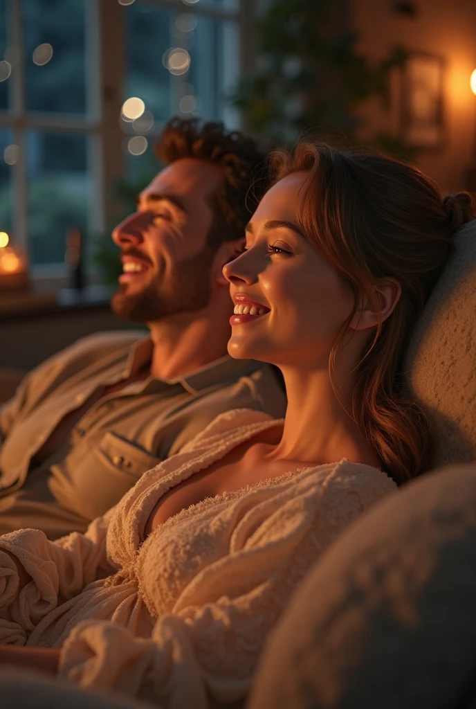 Hyper realistic, intricately detailed photograph of a two young adults deeply in love. They are both wearing delicate boho clothing made of natural fibers. They are comforting each other, sitting on a comfortable couch near a tv in a warmly lit living room, and a gentle smile. The atmosphere is tender, loving, and intimate. The image is vibrant, Ultra High Definition, and Stunningly Photorealistic