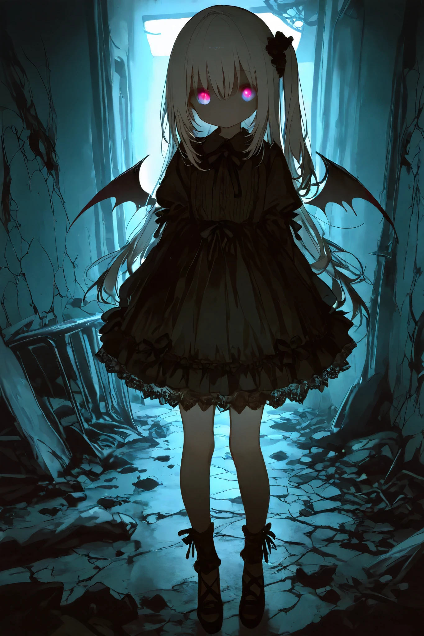 General,AIU,Komeshiro Kasu style,usnr,dark gothic,shiny skin,pastel,gothic ta fashion, masterpiece, best quality, 8k, highres, ultra-detailed, HDR, UHD, ultra-fine painting,naked girl,fullbody,silver hair,side pony tail hair,girl close up,dark gothic, glowing dark eyes, black dress flowing,faint mist surrounding her, ominous and unsettling, abandoned hospital, cracked walls and floor, broken bed, debris scattered on the ground, dim lighting, eerie atmosphere, soft light casting shadows, dark and mysterious mood, horror theme, supernatural presence
