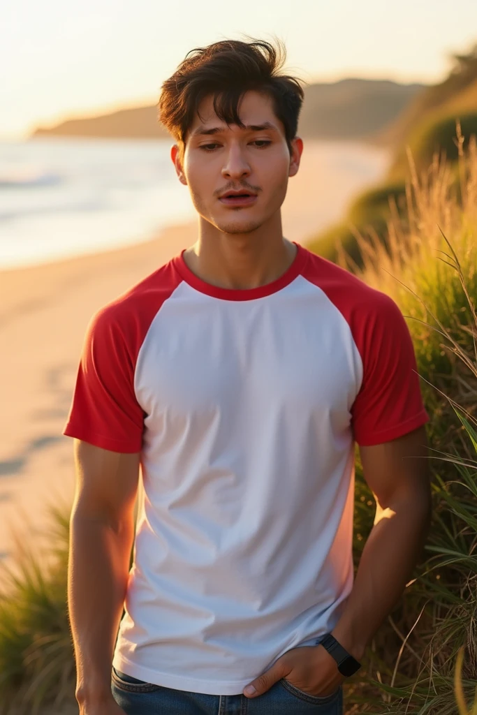 A handsome, muscular young Asian man looks at the camera. In a simple t-shirt white and red , Fieldside, grass, beach, sunlight, Carrying a camera