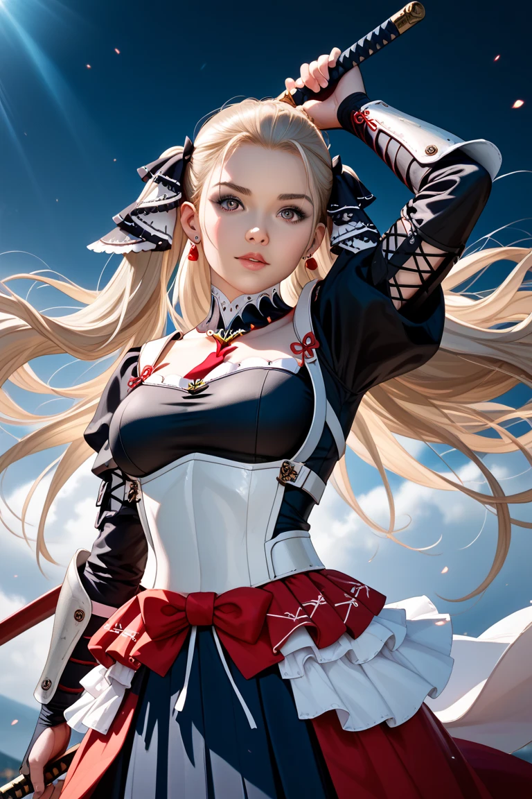 (Excellent image quality+Fresh painting style)Blonde girl，White silk clothing, handheldweapons, a skirt