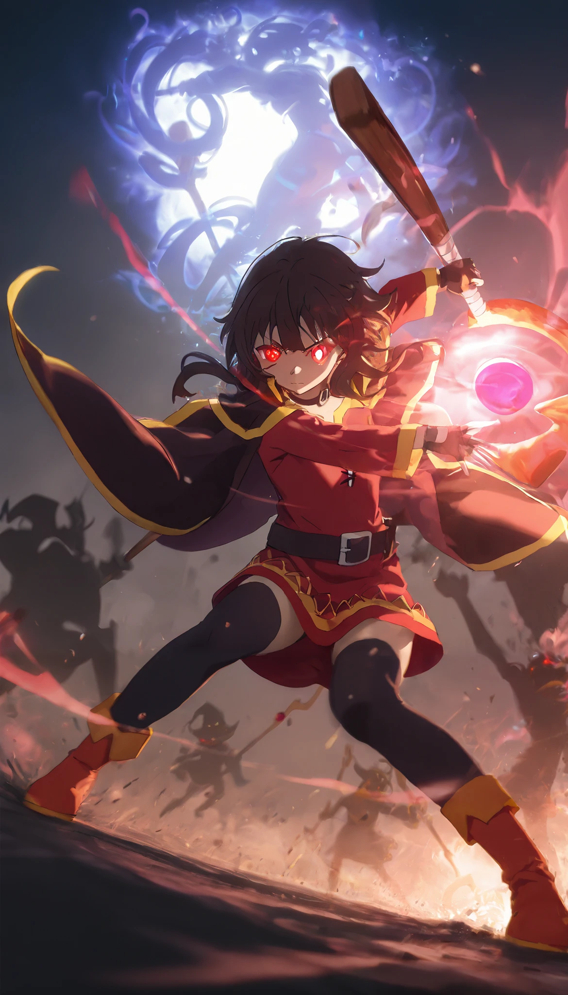 (1girl,megumin,bright red glowing eyes,eye aura trail,motion blur,dynamic pose,epic,magic,staff,silhouette,(best quality,4k,8k,highres,masterpiece:1.2),ultra-detailed,,vibrant colors,dramatic lighting,fantasy scene,ecena de accion,mini tanga