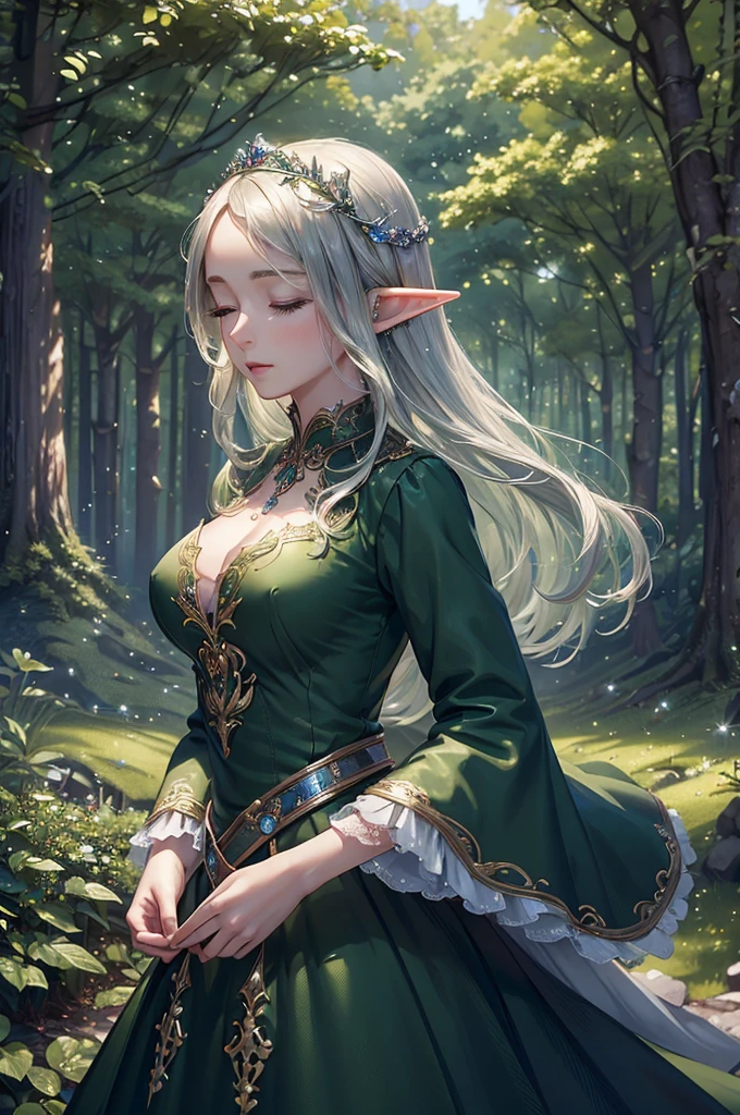 beautiful, View your viewers, Detailed face, Fantasy, beautiful lighting, (22 year old Spanish female), Flowing white hair, Green Eyes, Sitting,Fine grain, Detailed face, Fine hand, Blue Eyes, Green dress, dress, Elf, Fairy, wing, Flying, Moderate exposure, Smile, Big Breasts, Sex, 