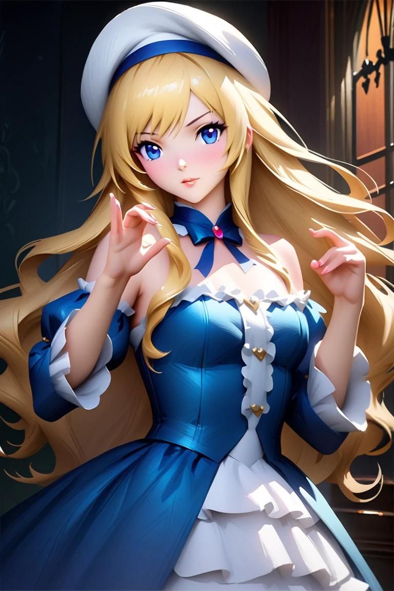 best qualityer,highy detailed,work of art,ultra detali,illustration,hair blonde ,hair ornament,stare,hinterland,incredibly_absurderes,1 girl,medium chest,Blushing Nose ,realisitic,long hair,summer_don,ribbons-garter,bishoujo,waving sv98