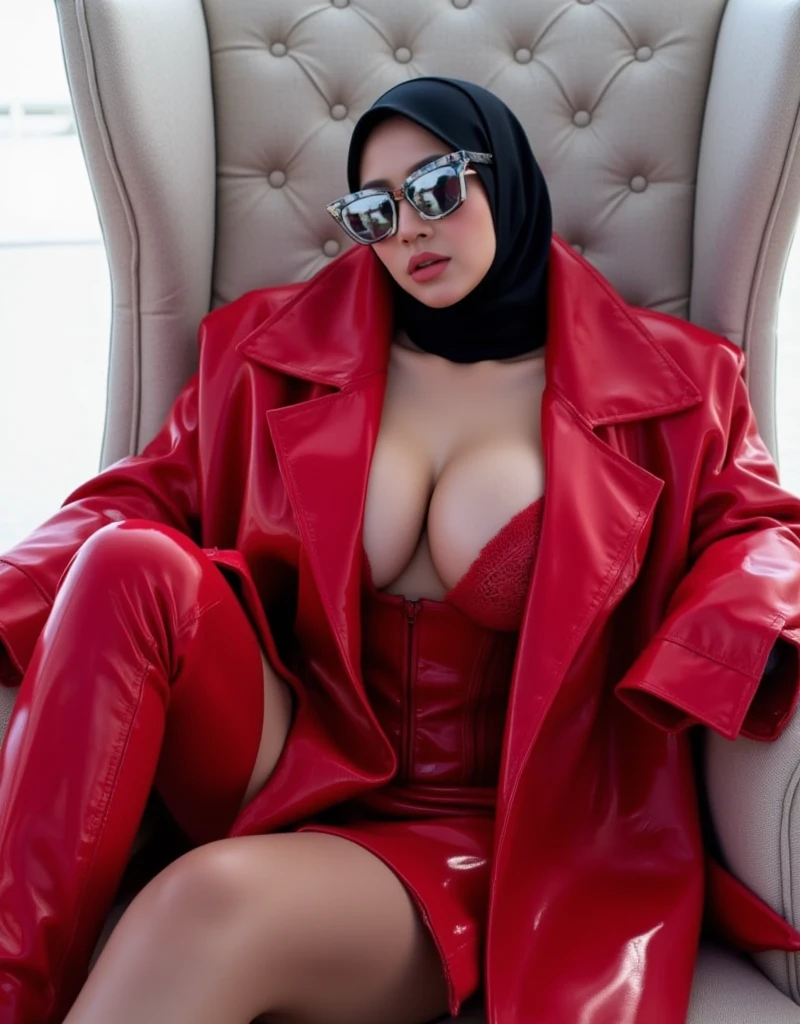 highest quality,shiny skin, a woman with hijab, full bikini with hijab woman, (whole body), ((pink tattoo below navel)), brown eyes,(heavy big breasts), (Chubby body type),(thighs thighs thighs),((red and black high thigh boots )),((Red and black bikini)),sitting,spread your legs,(Condescending eyes),from the front,(prison),night