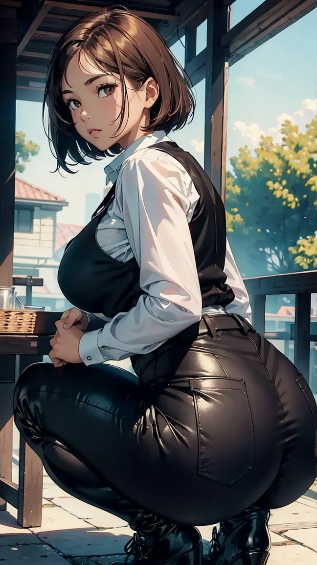 (solo), pitch black hair, messy hair, mane hair, short hair, dense hair, wild hair, expressive hair, mature,(25 year old), pale skin, ((Female)), grey eyes, beautiful girl, wearing a black shirt, emerald green trench coat, white dress pants, open suit, thicc, beautiful, attractive, Giant breast, big ass, eye reflection, depth of field, thunder aura, cinematic lighting, ray tracing, depth of field, cinematic lighting, ray tracing, UHD, high details, best quality, highres, high quality, award winning, super detail, masterpiece, 8k, UHD, high details, best quality, highres, high quality, award winning, super detail, masterpiece, 8k, digital art, anime coloring, body shot, good face, perfect face, detailed face, good eyes. The background is a mall
