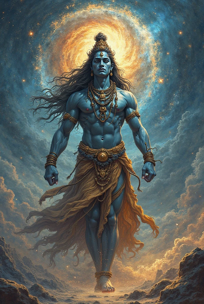 Shiva's cosmic connection to the universe, with glowing, cosmic threads"