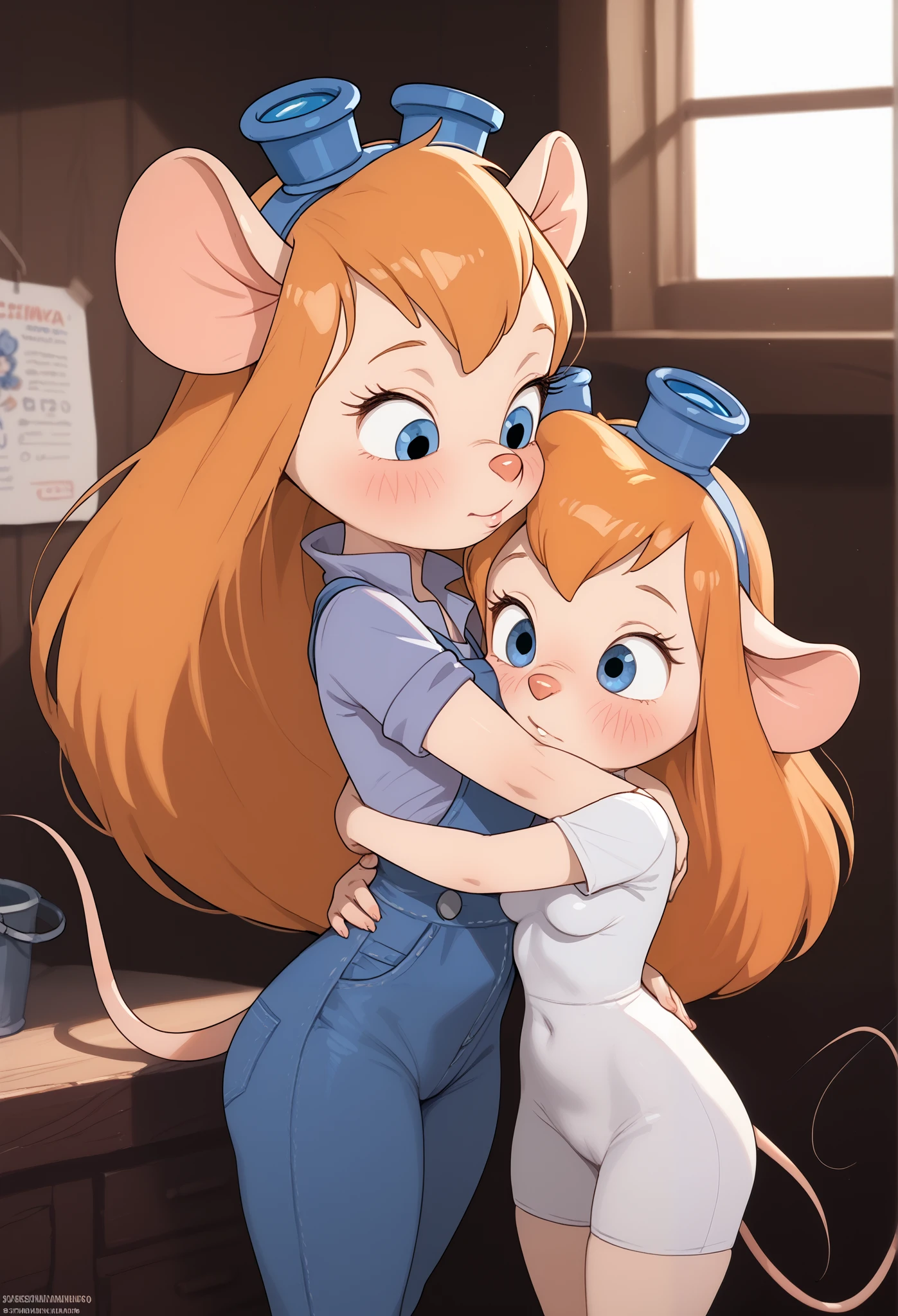 2girl, indoors, score_9, score_8_up, score_7_up, blue overalls, volumetric lighting, dynamic angle, detailed background, Medium breasts, (((wide hips, very wide hips))), cute, GadgetHW, upper body, gadget, mouse ears, mouse girl, long hair, messy hair, short stack, furry, furry female, mouse tail, blue eyes, black pupils, orange hair, long hair, full-face blush, score_9, score_8, score_7, score_6, gadget, cartoon, , short stack, medium breasts, firm breasts, , Expressiveh, , scenery, view from side, look at each other, look into eyes, short stack,
by posssummachine, hug,
very small female