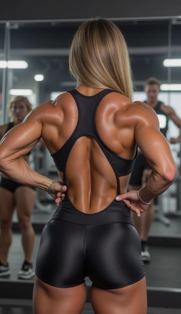 (Muscular:2), (thick muscular thighs, wide hips:2.1), (blonde female, blue:1.5), (arm band:1.6), adult, eyeshadow, lipstick, bokeh, (freckles:0.9), (upper body view), (striations), (hard nipples:1.3), small breasts, (perky breasts:1.4), (colorful gym attire, tight booty shorts, cleavage:1.5), (sculped muscles:1.7), detailed eyes, active pose, (athletic body:1.5), (muscular body:2), (looking at viewer), (seductive smile:1.4), dark bedroom, (dawn lighting), rim lighting, two tone lighting, dimly lit, clean skin, low key (DETAILED SKIN), (one girl, solo:1.5)