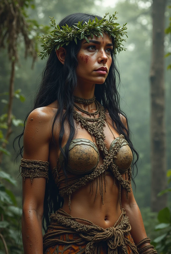 Arte em cores estilo Alex Horley, garota baixa robusta e musculosa, pele parda cabelo dreadlock ruivo, Wearing Cloth, Leaves and Vines, with a rustic spear in one hand, um javali companheiro, in the Amazon rainforest, Ultra HD images definition 3840x2160.