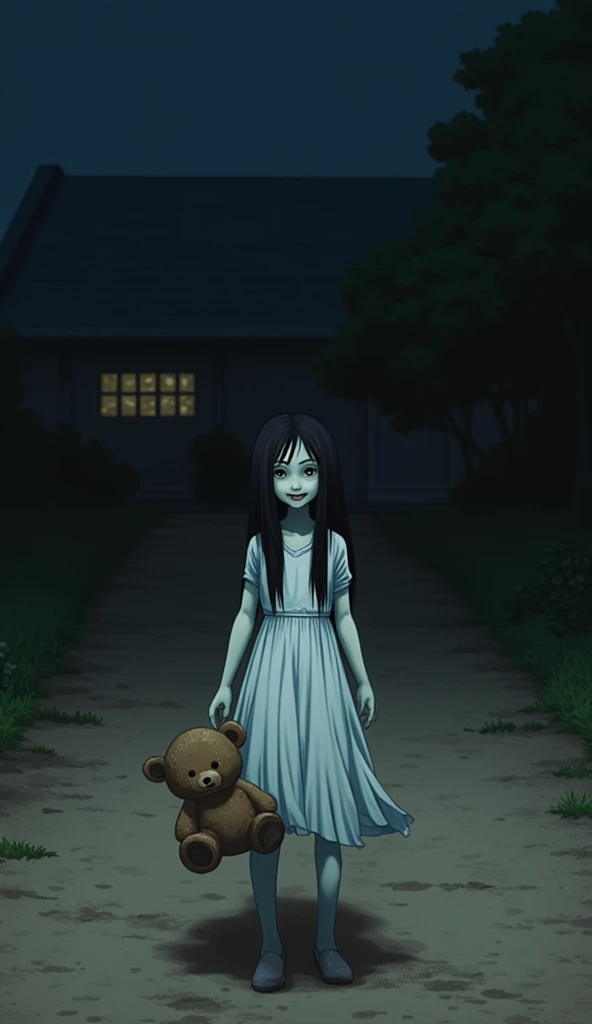 The ghost of a scary smiling girl, , with long black hair, wearing a ...