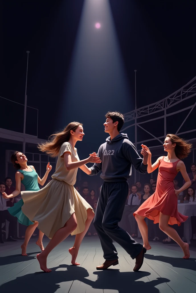 Boys dancing in modern dance hold up female dance partners