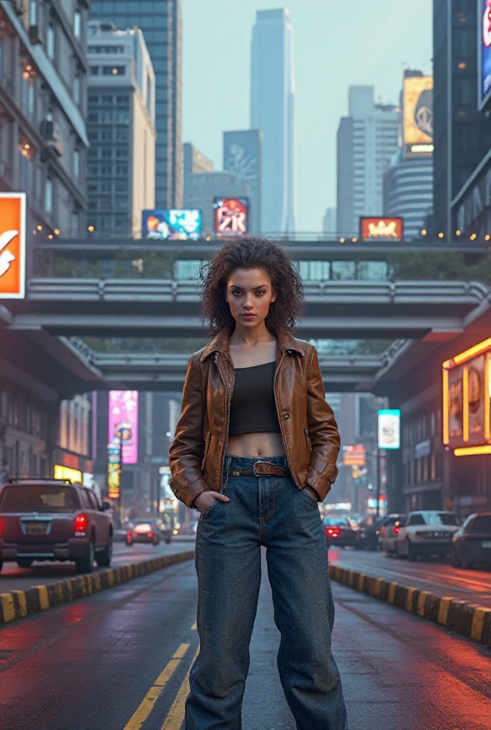(JudithHoagTMNTApril:1.1), a high resolution RAW photo of a young beautiful JudithHoagTMNTApril woman with long curly red hair, cyberpunk hairstyle, wearing a cyberpunk style black leather jacket and white shirt and denim jeans, sexy standing pose, on a futuristic cyberpunk city sidewalk at night, cyberpunk city with neon lights and futuristic buildings and futuristic sports cars driving by, smiling and looking at the viewer, (thin torso, slender, flat chest, smallest breasts, slender build), sexy portrait, photorealism, photorealistic, <lora:JudithHoag_90s_TMNT_April_ONeil_SDXL:1>