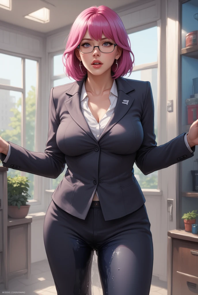 a woman in a pink business suit, detailed face and eyes, elegant pose, office interior background, photorealistic, highly detailed, 8k, best quality, professional photography, studio lighting, vivid colors, warm lighting, beautiful, serene expression, confident, poised