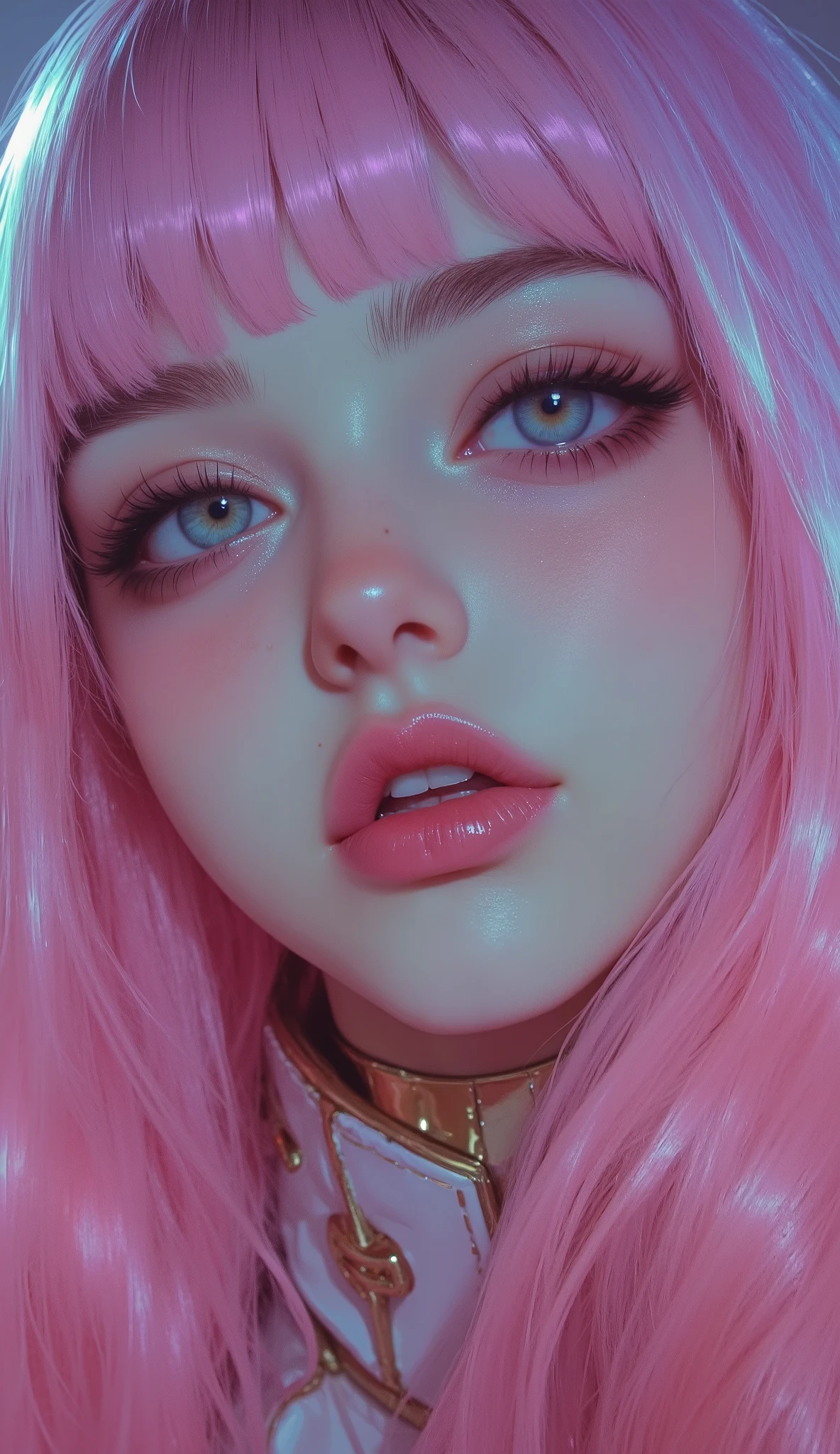 Woman, pink hair, long hair, Layered Wavy hair, light blue eyes, white skin, a little freckles under the eyes, light Makeup and Lipstick, eyeliner, Zoom in a shot to make half of the face fill the picture, ( Make the frame show only half of the face), Gold forehead collar, extreme close-up Angle, beautiful lighting masterpiece dramatic pose sleek detailed ((beautiful face)) exquisite detail backlit absolute masterpiece iridescent beautiful details heartwarming glorious exotic exquisite beautiful colors 8k , enlightened inspiring ((masterpiece)), ((best quality)), high quality ((brilliant)) (glowing) volumetric light pastel pure perfection marvelous courageous masterpiece, (((((detailed))))), cinematic shot, dynamic lighting, Macro lens, Technicolor, cinemascope, sharp focus, fine details, 8k, HDR, realism, realistic, key visual, film still, cinematic color grading, (neon color grading:1.2), taken with Canon EOS R5, realistic light effect, ray-tracing, detailed-eyes, detailed-nose, detailed-lips, perfect eyes, beautiful, (detailed-skin), Real photograph, (high-detailed:1.5), (high-quality:1.5), (high-resolution:1.5), perfect Iris, دقة عالية, دقيق, علم التشريح صحيح, تفاصيل عالية, شاشة فائقة الدقة, مفصل جدا, الجلد ذو الجودة, Sony FE GM,