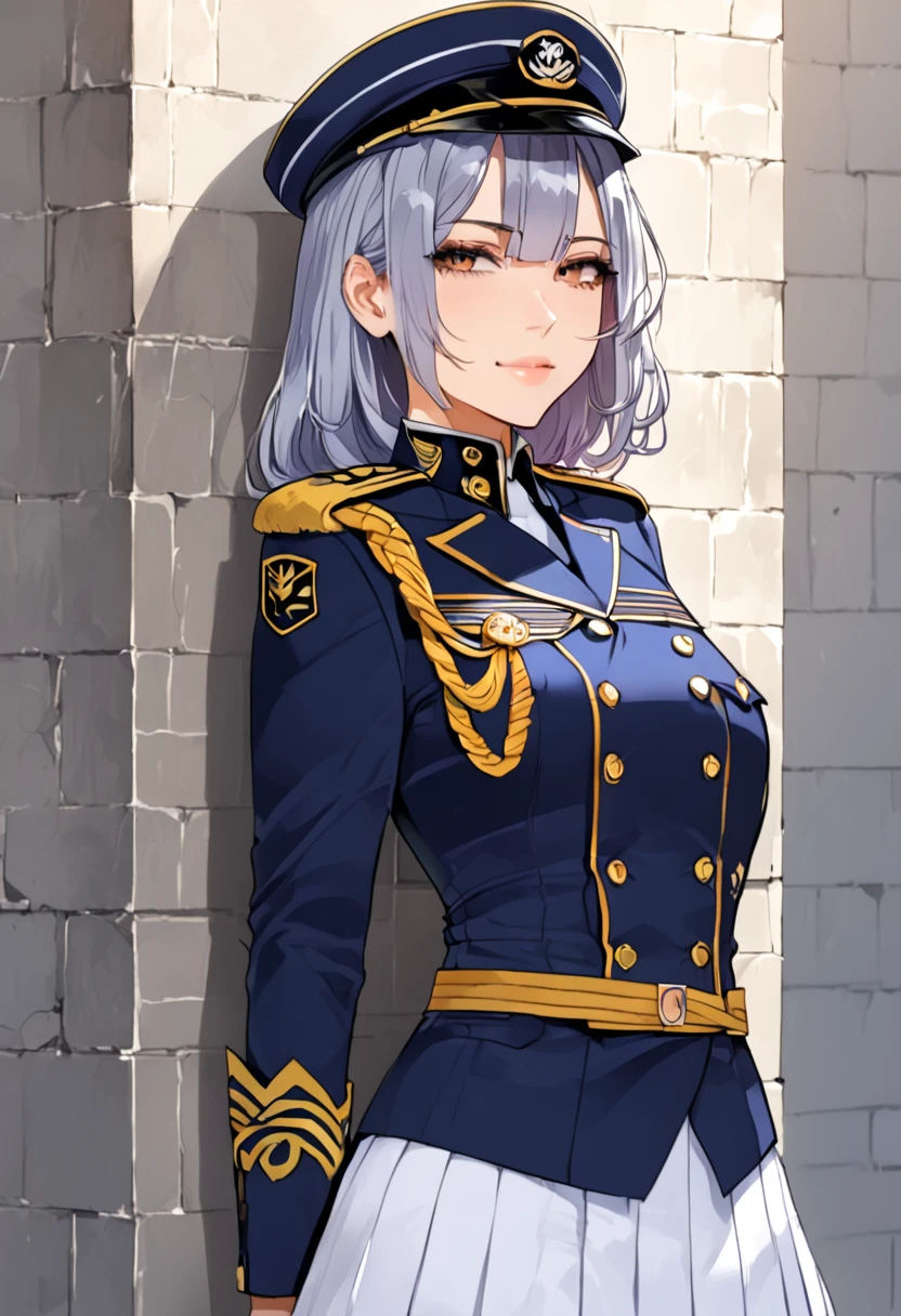 (masterpiece, top quality, very aesthetic, 4k、8k、illustration), intricate detail, 1girl,Standing in front of a wall、(upper body)、clear face、()、
Cute 、light black hair、,middle hair,sidelock ,,blue eye、Military uniform、Tight skirt、,medium breasts、Slim 、