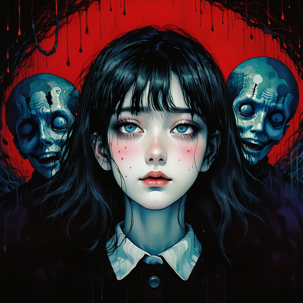 Fille qui peint une toile. In the style of Adrian Ghenie, Esao Andrews, Jenny Saville, Edward Hopper, surrealism, Dark Art par James Jean, Takato Yamamoto, Minimalisme inkpunk. Dans le style Tim Burton. Dans le style Addams Family. Gothic. Dans le style de Guweiz. Dans le style de Shadbase. Dans le style de Shadman.