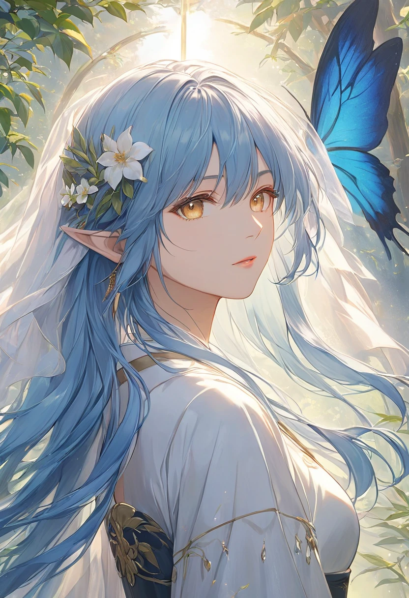 Feather Plumage on the back, drop-shaped tattoo on the cheek, a cute fairy in a beautiful flower field

