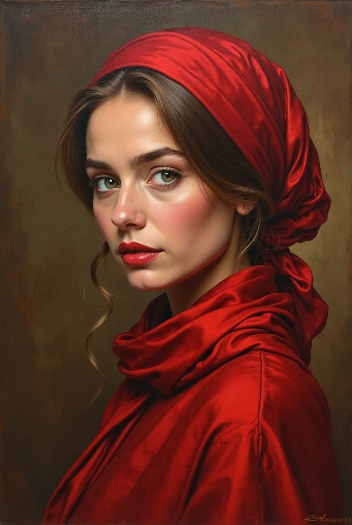 Painting of a woman in a red scarf and a brown background, oil painting ...