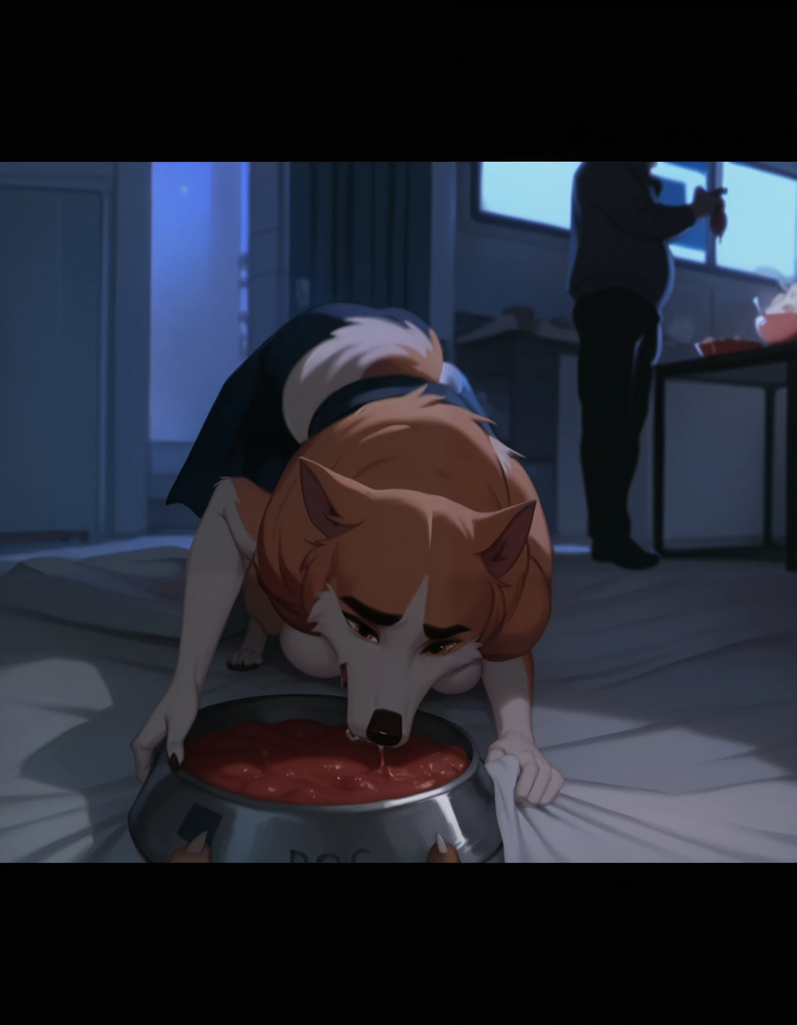 score_9, score_8_up, score_7_up, score_6_up, a long haired anthropomorphic wolf eating meat chops from a metal bowl in the airport security room, open mouth, no humans, 1girl, wolf, body fur, two tone fur, doggystyle pov, wearing a airport security dog sheet (dog cape shaped), eating meat chops, metal feeding bowl, feeding head down