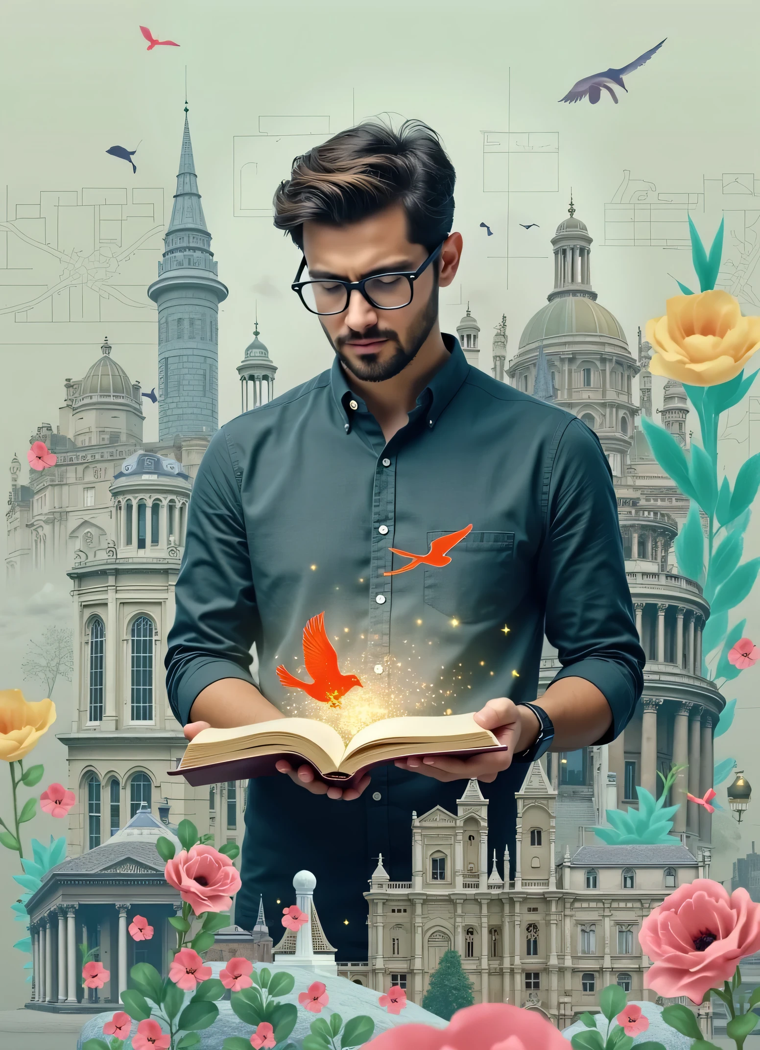 "A wide shot, cinematic, photorealistic image in the style of a Fujifilm XT3 RAW photo (85mm, f/1.2, HDR) depicting a man in his late twenties with medium white skin, dark brown wavy hair, a short well-groomed beard, and dark-framed glasses. He wears a dark gray button-down shirt and holds an open book, his hands visible and meticulously detailed.  He is superimposed onto a vibrant, whimsical, slightly surreal digital collage background. The collage features at least seven distinct buildings of varying architectural styles (a tall cylindrical building, cathedral, large stone building with arched windows, gazebo, ornate building, and two domed buildings), architectural blueprints, and birds in flight, all set against a light gray backdrop. Teal, yellow, and pink accents are present. The book he holds emits sparks and features a red bird on its pages. The man's expression is one of focused reading. The overall image is a masterpiece, highly detailed, with perfect and detailed hands, achieving a score of 9 or higher.  The image has a high quality, realistic concept art feel.\n"