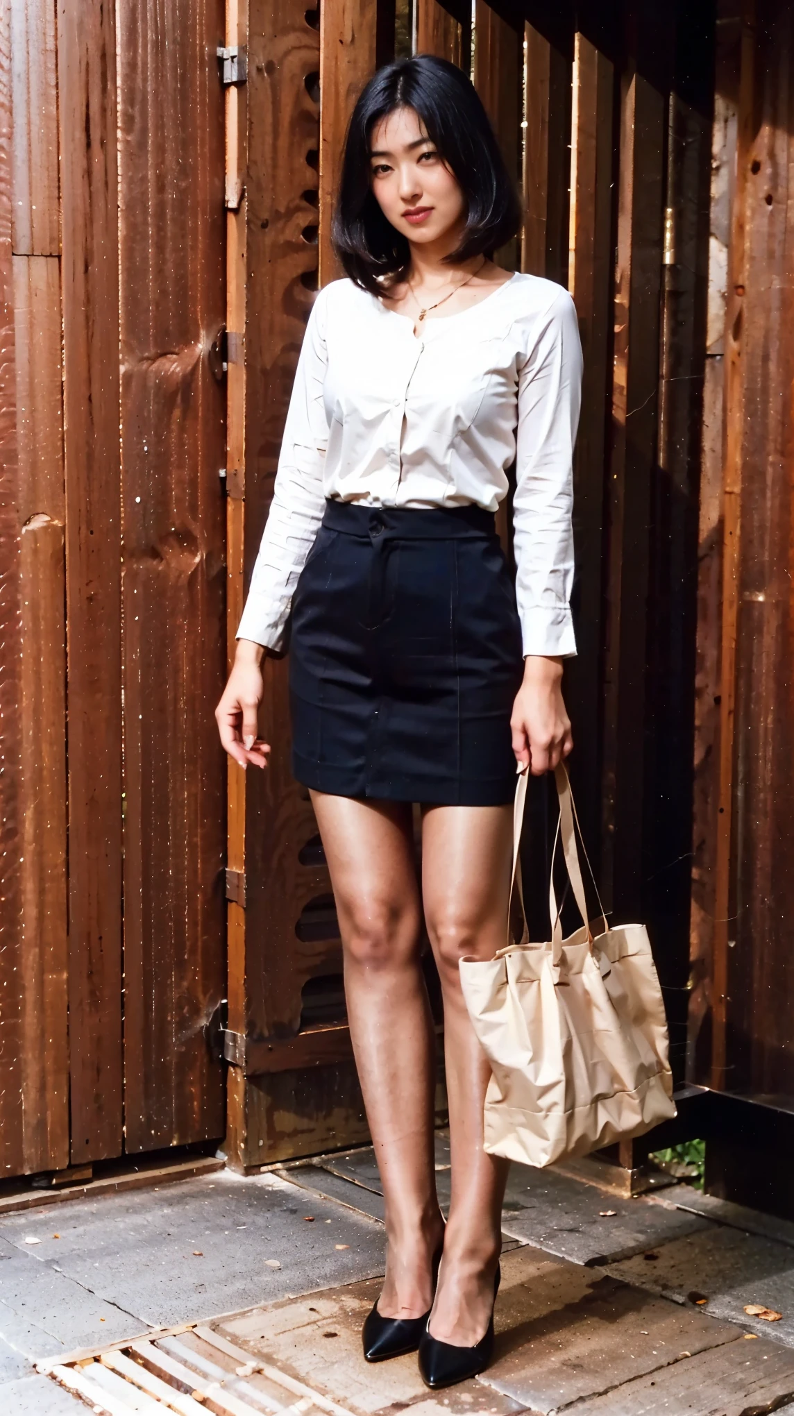 OL、Beautiful girl、Outstanding style、nice buddy、glamorous、Big Breasts、navy blue business suit、Skirt、Garter belt and black 30 denier stockings、High heels、office、standing、The whole body is visible, (mature woman), 45 years old, (black bob cut), very short hair