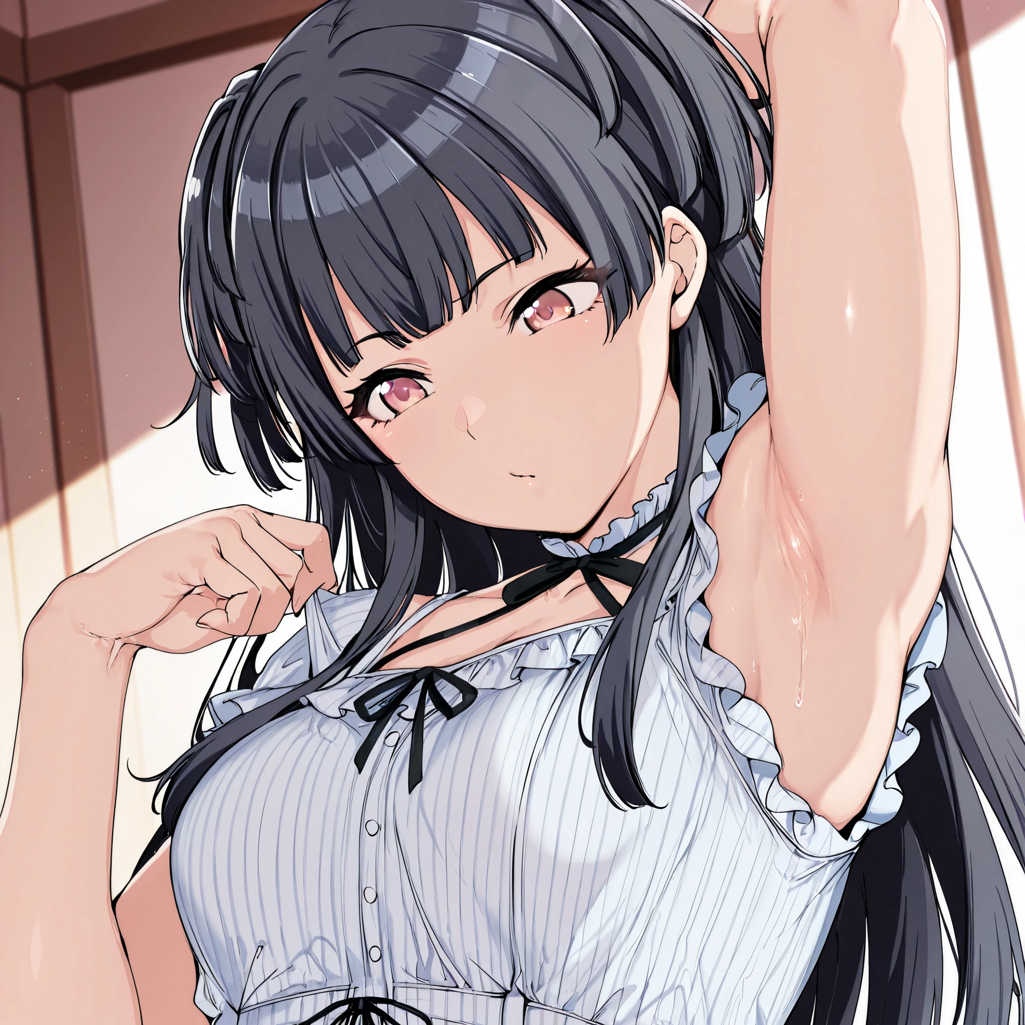 masterpiece,best quality,newest,1girl,solo,Alp,
Masterpiece, Highest Quality, Ultra Detailed, High Resolution, masterpiece, highres, absurdres. Best resolution. Good anatomy.
mayuzumi fuyuko. casual. 1girl, black hair, two side up, brown eyes, with alternating. pink eyes
(1girl, solo. pulling clothes to show armpits)
