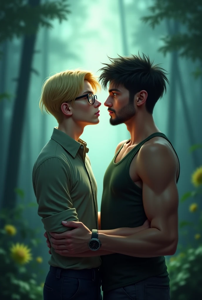 Two young adult gay couple in the woods on a full moon night. Shirtless and kissing. smiling blond boy, very lean, slim, , huge pecs, big pecs, large chest muscles, muscular chest, huge nipples, wet chest, gymnast acrobat yoga, holding a skateboard, white tights, blue backpack, (best quality), realistic, iris, garden, Japanese idol boy, (abs:1.2), black short hair, tanned dark skin, (detailed brown eyes), (smile:0.8), (detailed areola:1.2)