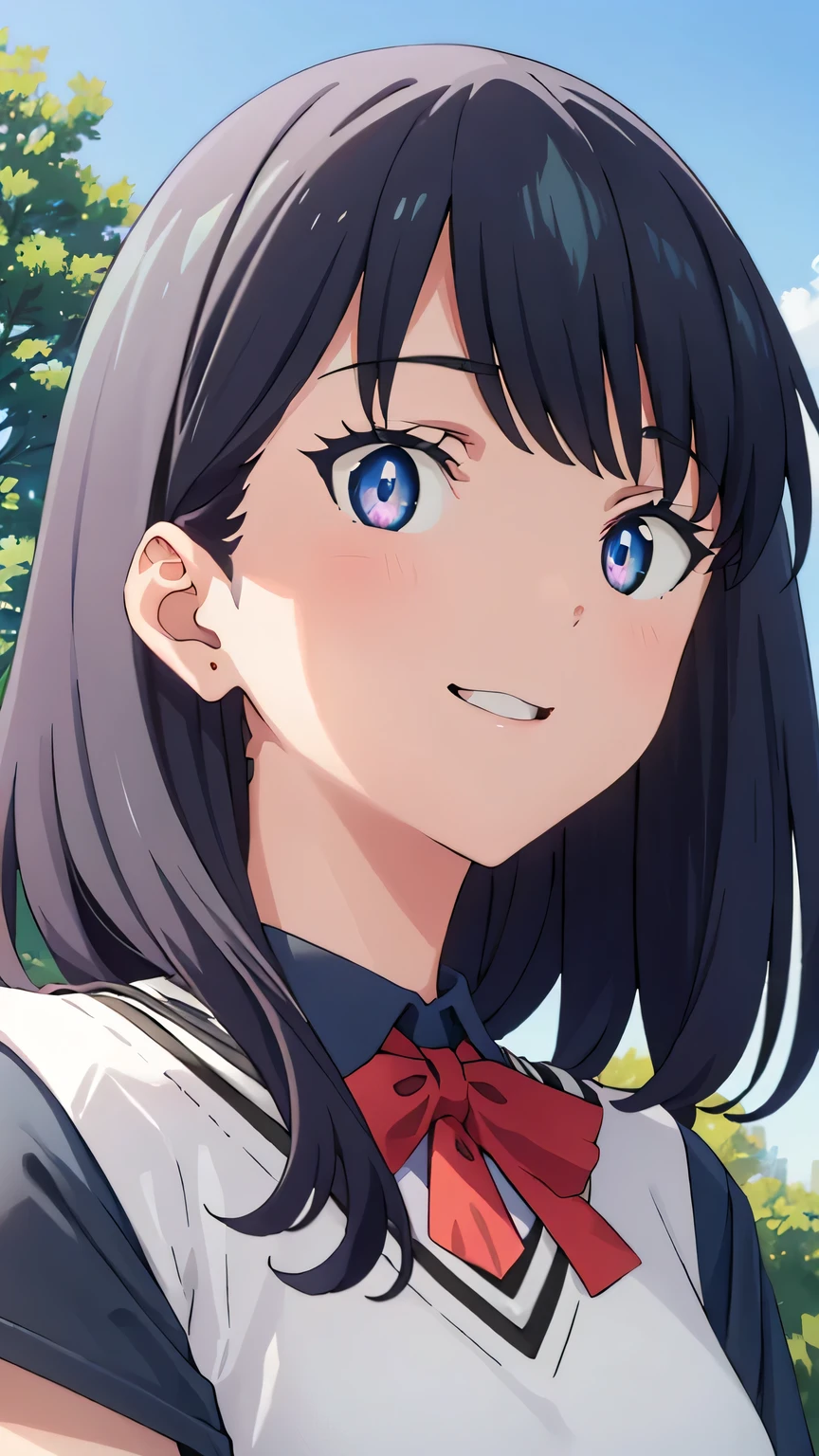 {{{masterpiece}}}, (best quality:1.5), (ultra-detailed:1.5), {illustration}, {{an extremely delicate and beautiful}}, (beautiful detailed eyes:1.6), absurdres, highres, extremely detailed face, 16k, hd, visual anime de uma jovem mulher, extremamente bonito rosto de anime, anime melhor garota, (perfect hands, perfect anatomy), anime face, Rikka, rikka takarada(SSSS.Gridman), cute face, 1girl, solo, black hair, medium hair, sidelocks, blue eyes, (High resolution eyes, Beautiful eyes, Light in the eyes), medium breasts, BREAK, (white vest:1.3), black shirt, short sleeve, black sleeves, collared shirt, red bowtie, orange wrist scrunchie, BREAK, 1girl, solo, smile, beautiful anime girl, beautiful art style, close up of breasts, Looking at Viewer, perfect body,  outdoor, sky, daytime, public park, sun, PBYoung, (bust shot:1.3)