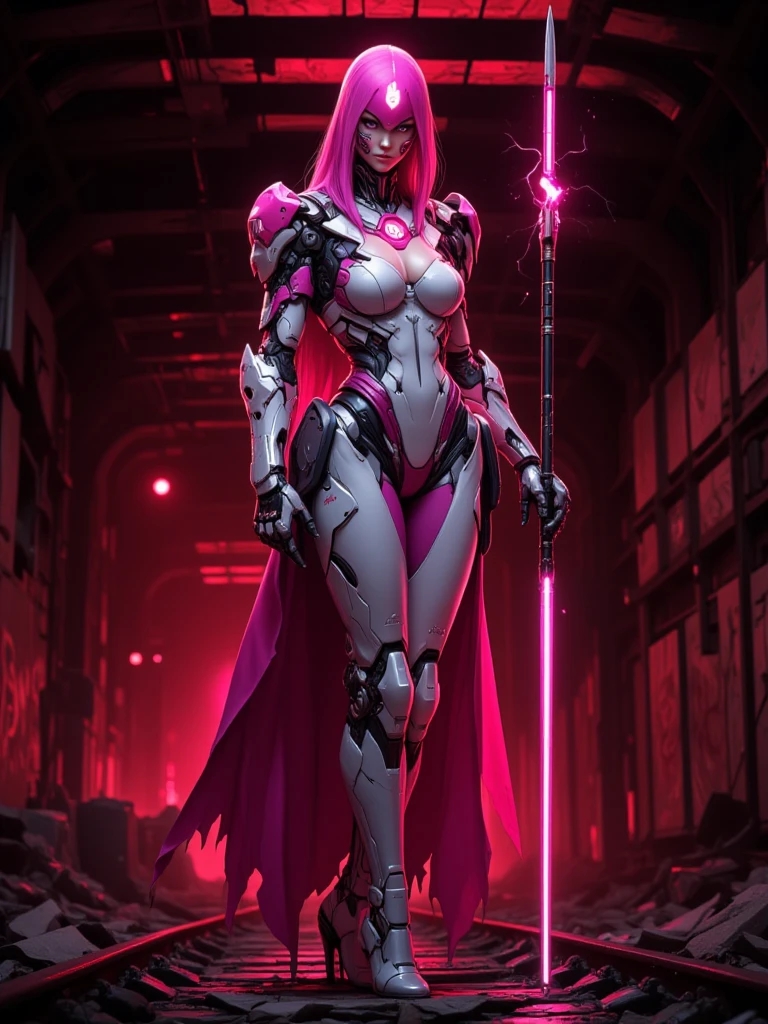Masterpiece, best quality, 1girl, fuchsia lace underwear, belly armor, armor corset, lace bra, extremely beautiful, fit body, full makeups, fuchsia eyes, mecha (fuchsia legs armor), (fuchsia hands armor), (fuchsia arms armor), garter, fuchsia lace stockings, wavy hair, fuchsia hair,extreme details, crisp picture, posing in the middle, symmetrical pose, (full body:1.3), front view, small breasts, (perfect anatomy), volumetric lights, octane rendering,  cameltoe:1.3, ((nsfw)), 