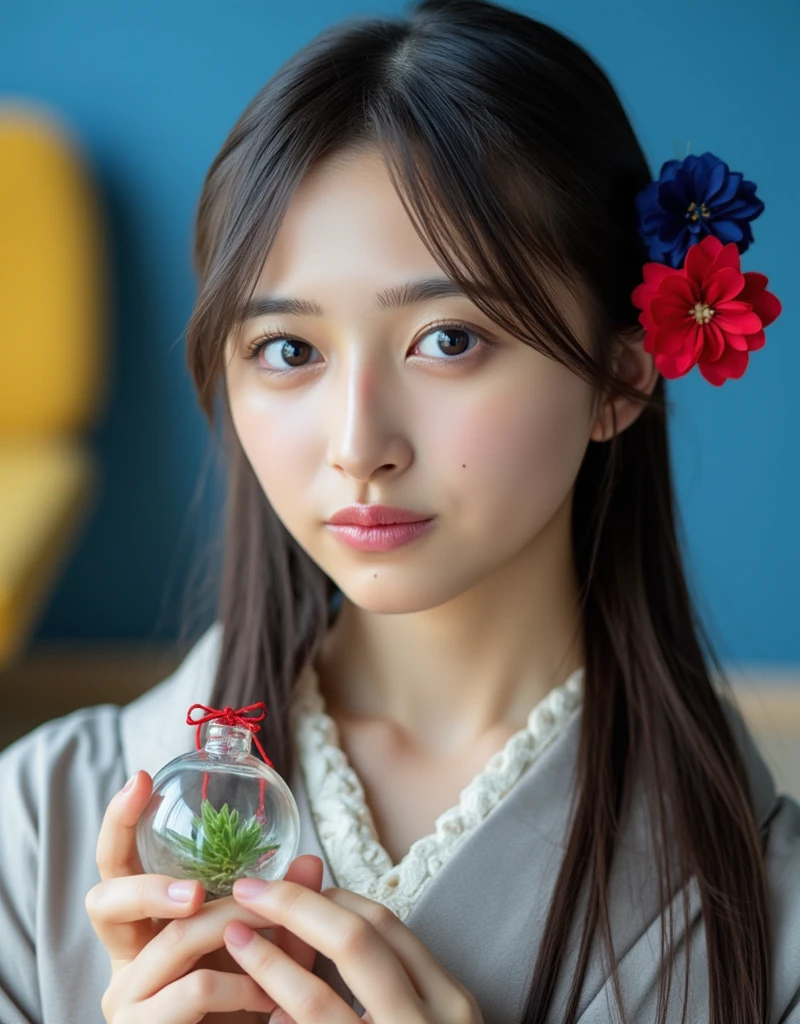 The image is a close-up portrait of a young Asian woman named Nagi with long hair. She is wearing a traditional Japanese kimono with a red and blue flower in her hair. Her figure is very slim, with snow-white skin. The woman is holding a small glass ornament with a green plant inside it. The ornament is hanging from a red string. The background is blurred, but it appears to be a room with a blue wall and a yellow chair. The overall mood of the image is peaceful and serene.